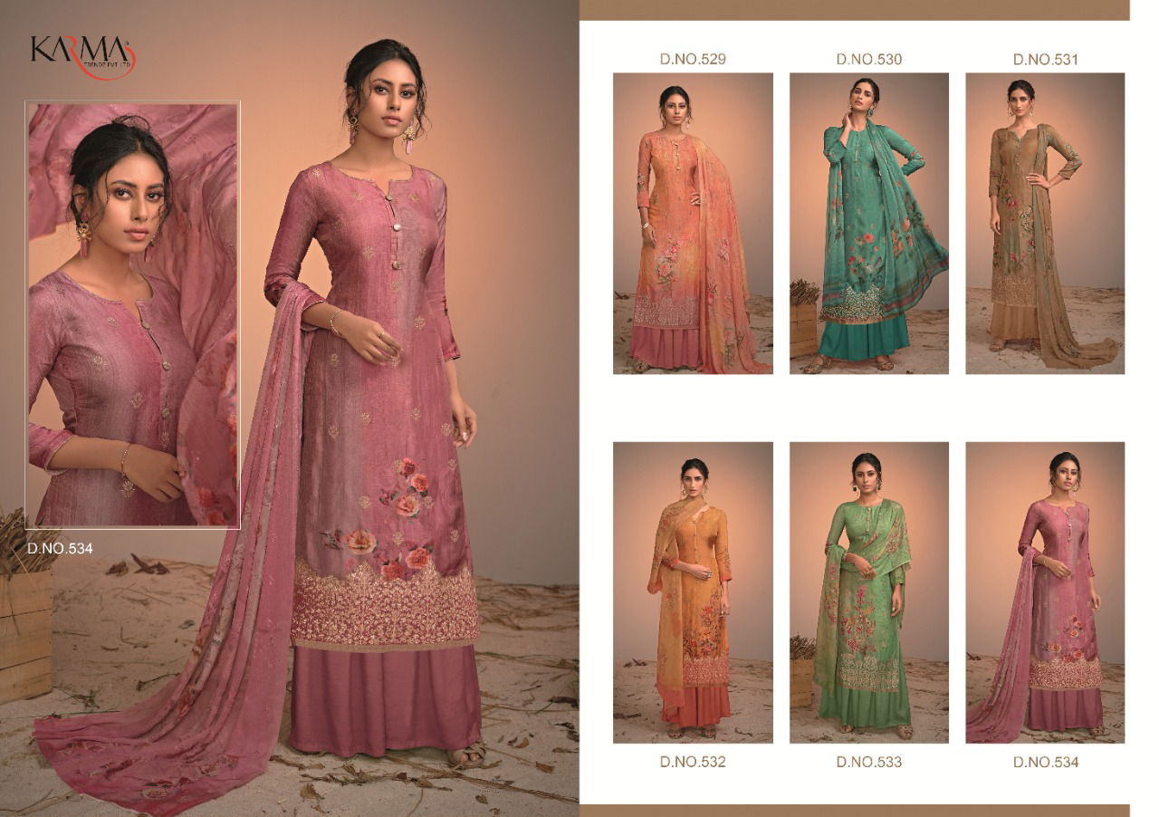 Karma Azaa 529 to 534 Series Pure Silk Jacquard Digital Print Embroidered Work Dress with Dupatta Materials Collection